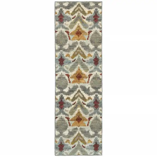Ivory Grey Rust Gold And Blue Abstract Power Loom Stain Resistant Runner Rug Photo 1