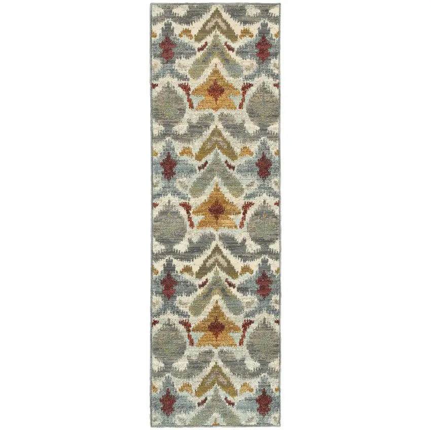 Ivory Grey Rust Gold And Blue Abstract Power Loom Stain Resistant Runner Rug Photo 1