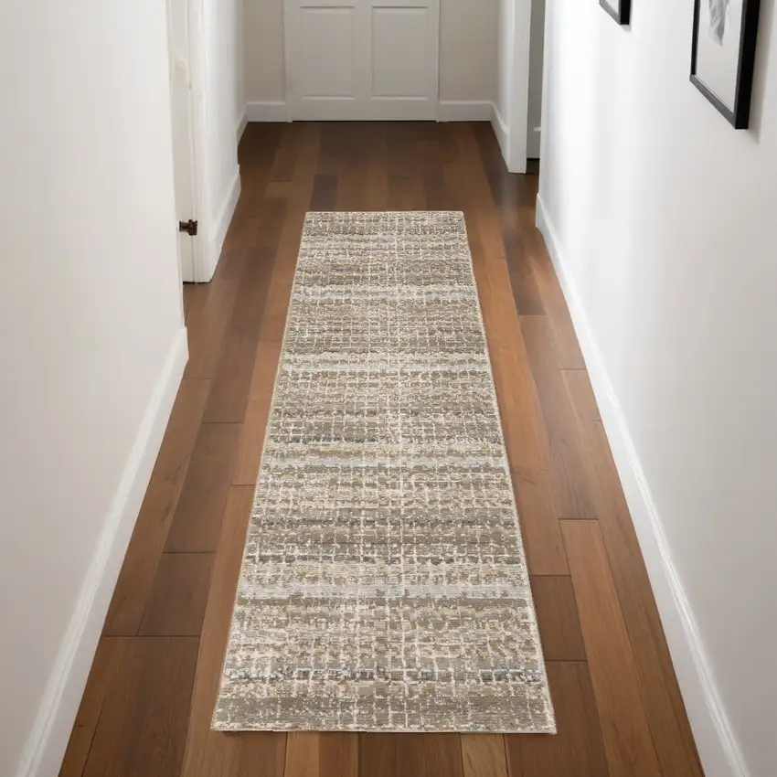 Gray and Ivory Abstract Power Loom Runner Rug Photo 1