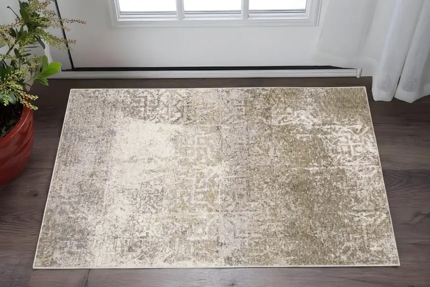 Ivory Grey Tan Brown And Beige Abstract Power Loom Stain Resistant Area Rug Photo 1