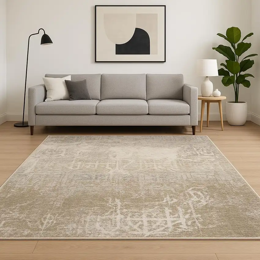 6' X 9' Ivory Grey Tan Brown And Beige Abstract Power Loom Stain Resistant Area Rug Photo 1