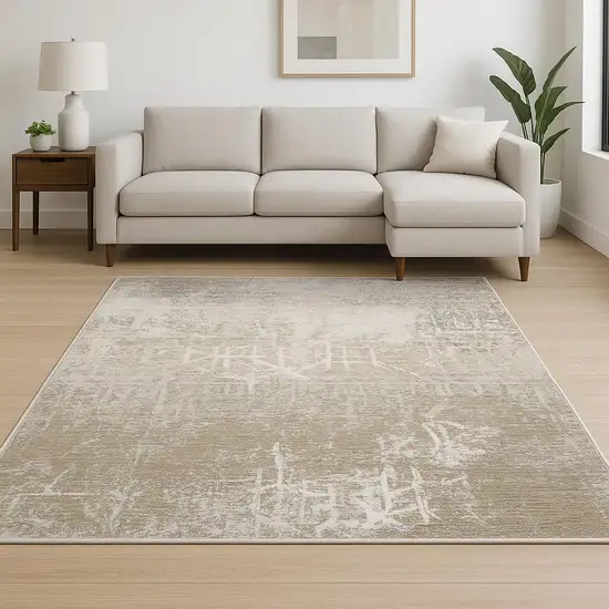 Ivory Grey Tan Brown And Beige Abstract Power Loom Stain Resistant Area Rug Photo 1