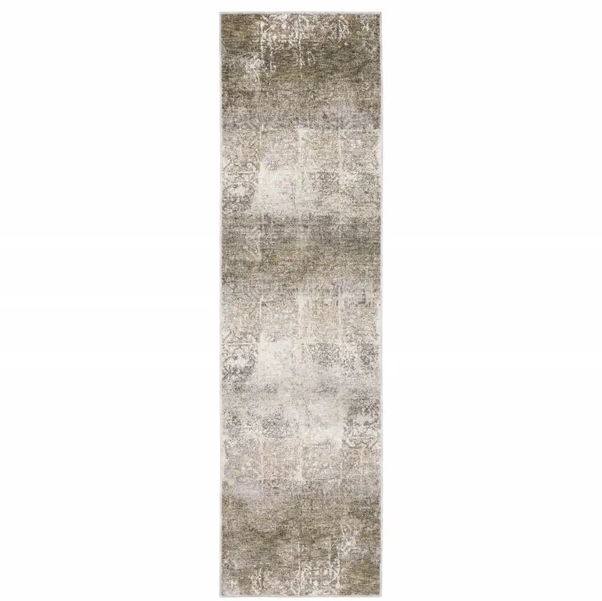 Ivory Grey Tan Brown And Beige Abstract Power Loom Stain Resistant Runner Rug Photo 1
