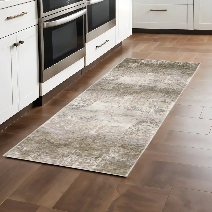 2' X 8' Ivory Grey Tan Brown And Beige Abstract Power Loom Stain Resistant Runner Rug Photo 1