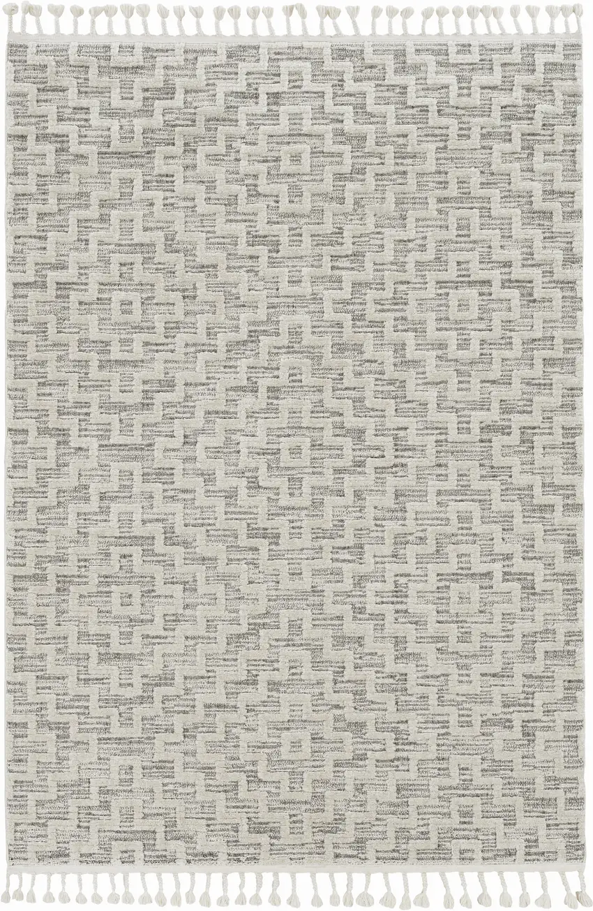Ivory Grey Zigzag Diamonds Area Rug with Fringe Photo 3