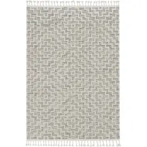 Photo of Ivory Grey Zigzag Diamonds Area Rug with Fringe