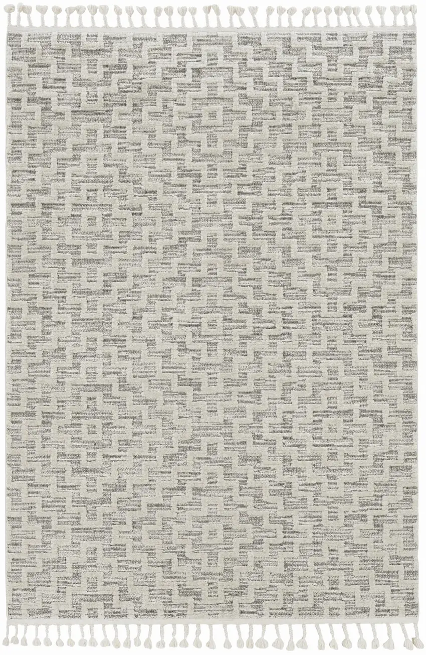 Ivory Grey Zigzag Diamonds Area Rug With Fringe Photo 2