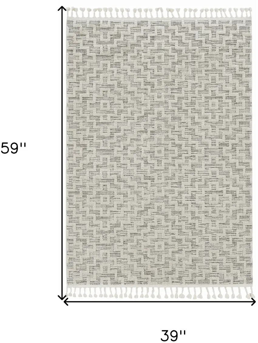 Ivory Grey Zigzag Diamonds Area Rug With Fringe Photo 3