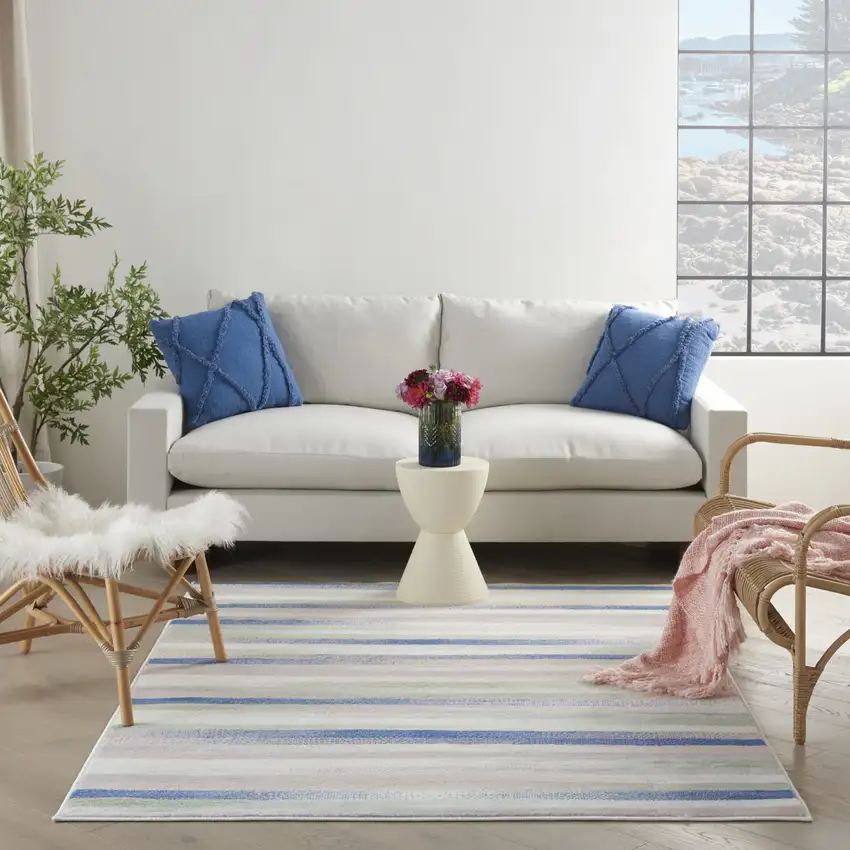 Ivory Blue And Green Striped Distressed Area Rug Photo 5