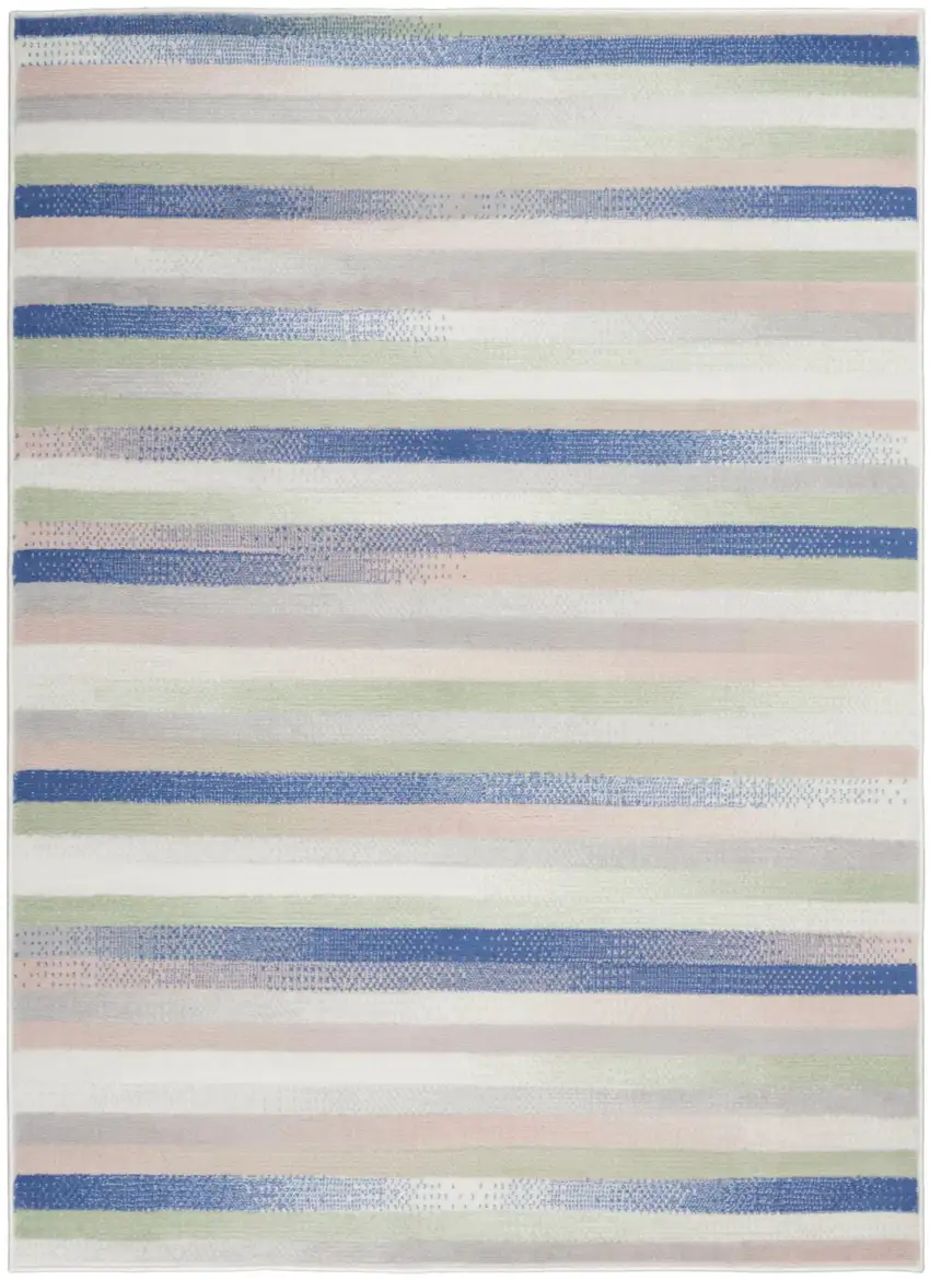 Ivory Blue And Green Striped Distressed Area Rug Photo 9