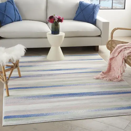 Ivory Blue And Green Striped Distressed Area Rug Photo 4