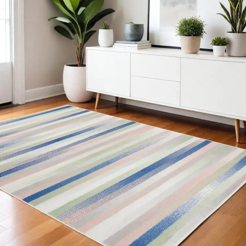 Ivory Blue And Green Striped Distressed Area Rug Photo 2