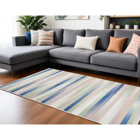 Ivory Blue And Green Striped Distressed Area Rug Photo 2