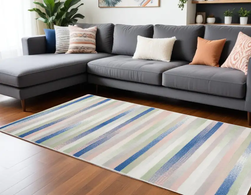 Ivory Blue And Green Striped Distressed Area Rug Photo 2