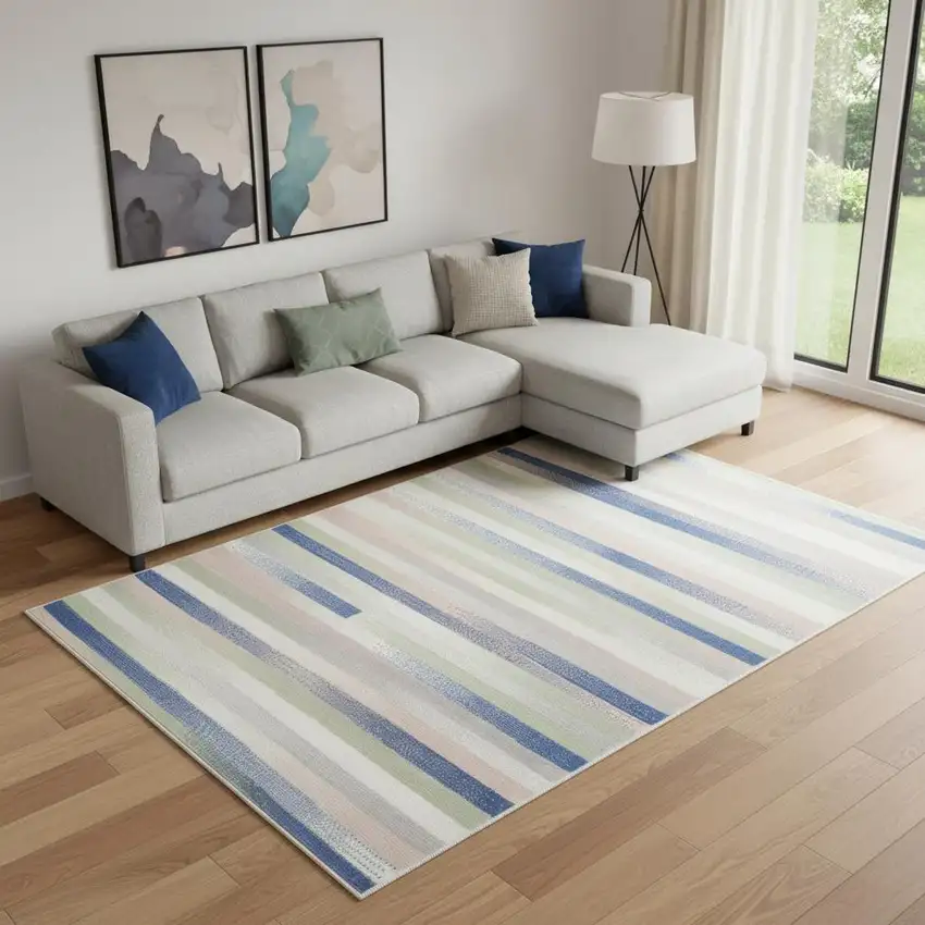 Ivory Blue And Green Striped Distressed Area Rug Photo 1