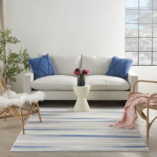 Ivory Blue And Green Striped Distressed Area Rug Photo 6