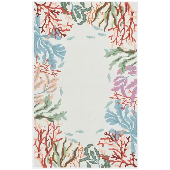 Ivory Hand Hooked Bordered Coral Reef Indoor Area Rug Photo 2