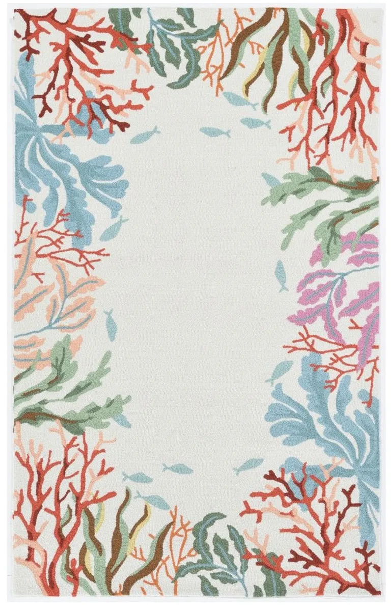 Ivory Hand Hooked Bordered Coral Reef Indoor Area Rug Photo 2