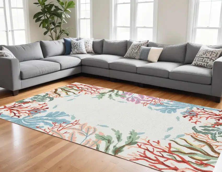 Ivory Hand Hooked Bordered Coral Reef Indoor Area Rug Photo 1