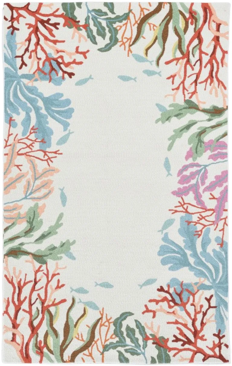 Ivory Hand Hooked Bordered Coral Reef Indoor Area Rug Photo 3