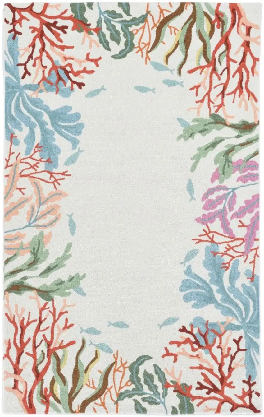 Ivory Red And Pink Fish and Coral Hand Hooked Area Rug Photo 1
