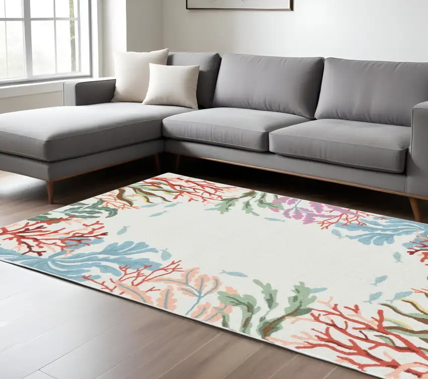 Ivory Red And Pink Fish and Coral Hand Hooked Area Rug Photo 2