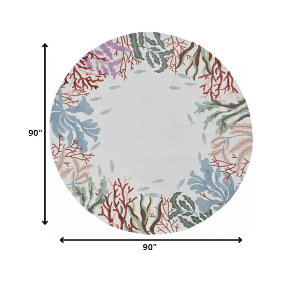 Ivory Hand Hooked Bordered Coral Reef Round Indoor Area Rug Photo 2