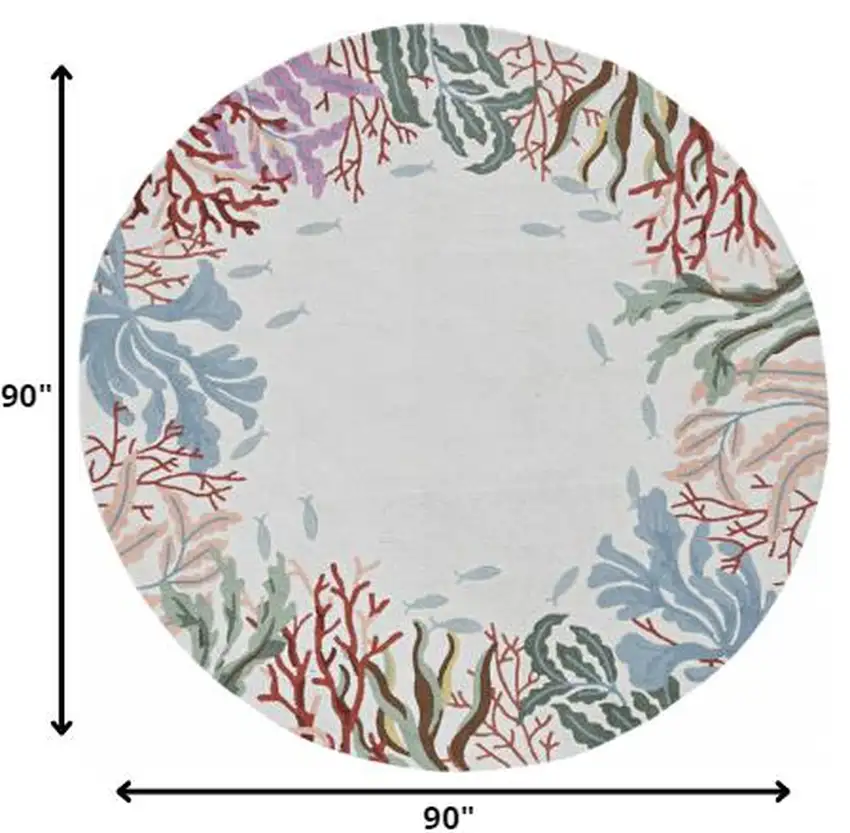 8' Ivory Red And Pink Fish and Coral Hand Hooked Round Rug Photo 5
