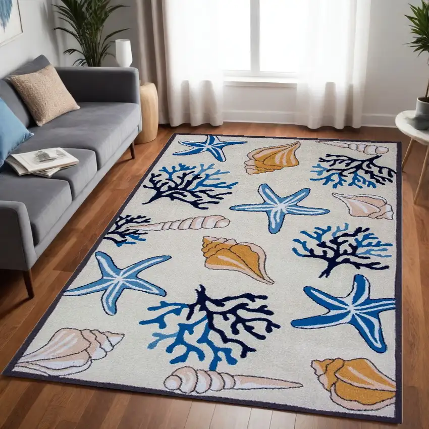5'X8' Ivory Hand Hooked Corals And Shells Indoor Area Rug Photo 2
