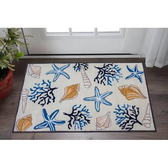 Ivory Blue And Brown Seashell and Coral Hand Hooked Area Rug Photo 1
