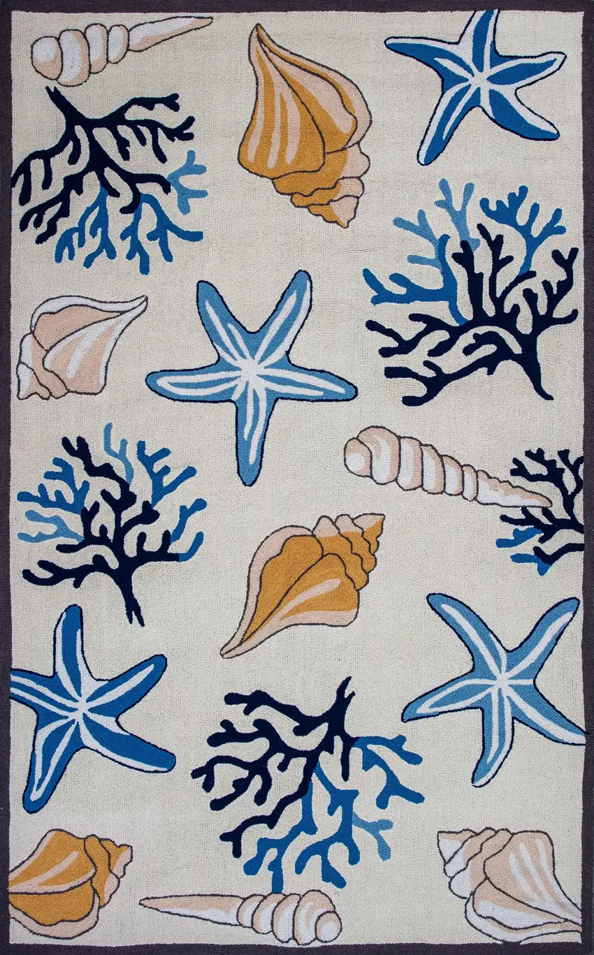 Ivory Hand Hooked Sea Corals And Shells Indoor Area Rug Photo 2