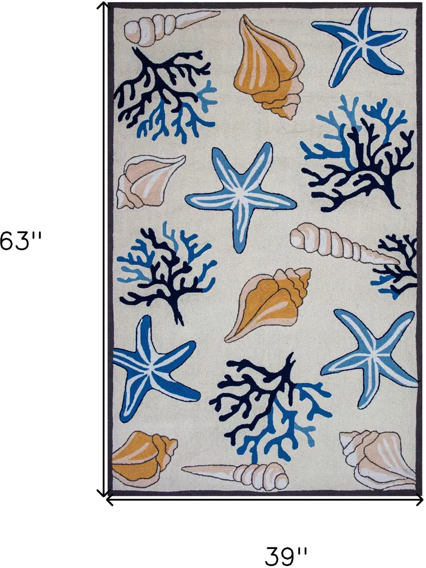 Ivory and Blue Seashell Hand Hooked Area Rug Photo 9