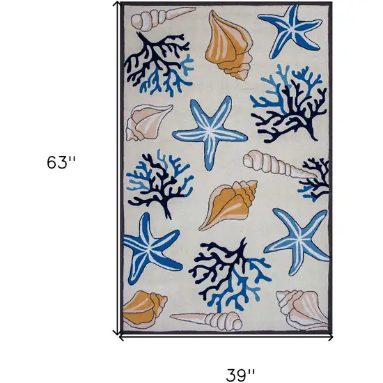 Ivory and Blue Seashell Hand Hooked Area Rug Photo 9