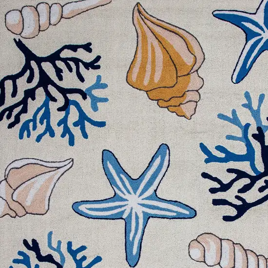 Ivory and Blue Seashell Hand Hooked Area Rug Photo 6