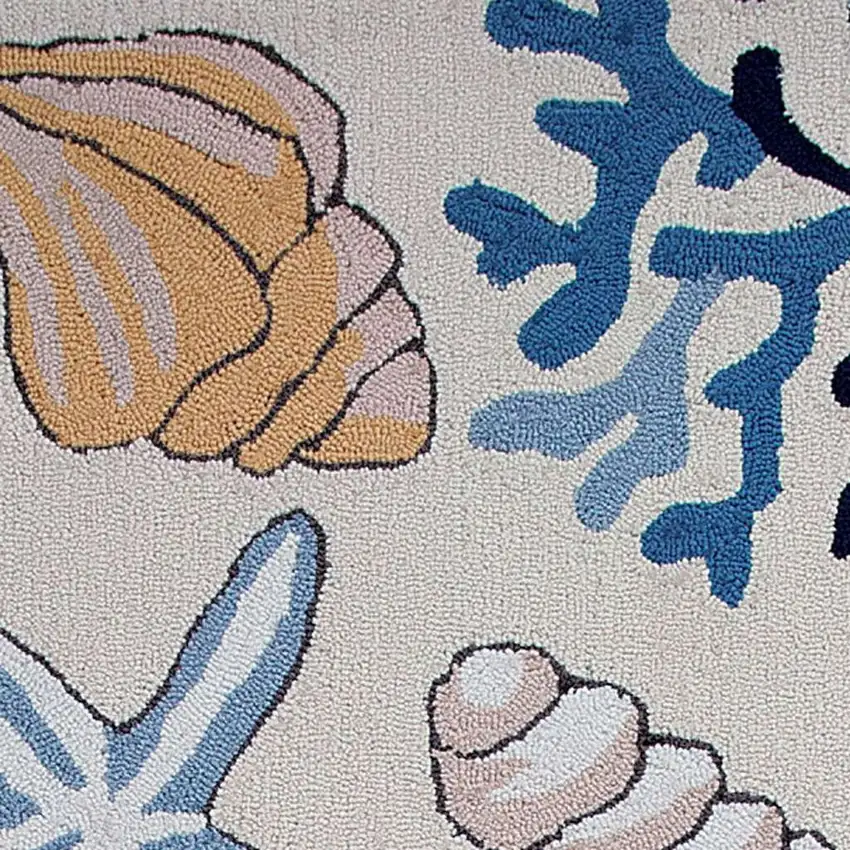8' Ivory Blue And Brown Seashell and Coral Hand Tufted Runner Rug Photo 5