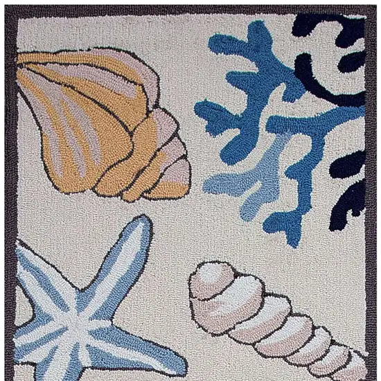 8' Ivory Blue And Brown Seashell and Coral Hand Tufted Runner Rug Photo 6