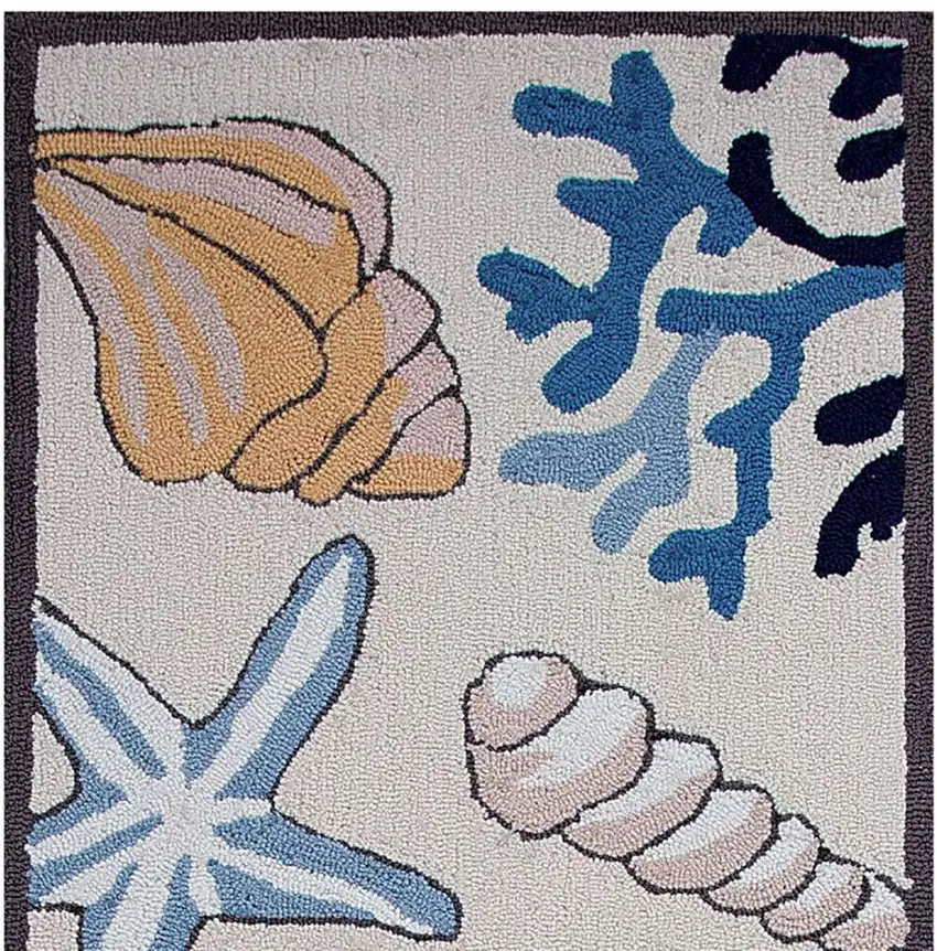 8' Ivory Blue And Brown Seashell and Coral Hand Tufted Runner Rug Photo 6
