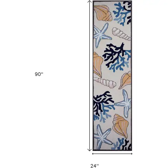 8' Ivory Blue And Brown Seashell and Coral Hand Tufted Runner Rug Photo 9