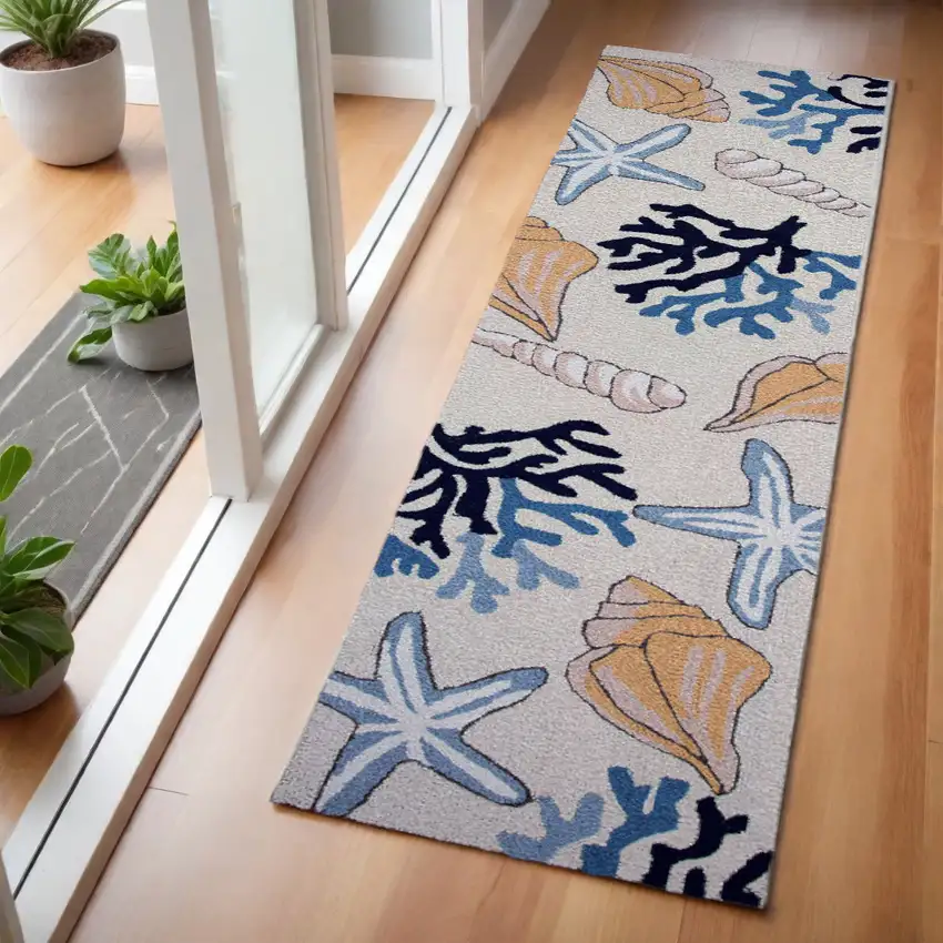 8' Ivory Blue And Brown Seashell and Coral Hand Tufted Runner Rug Photo 2