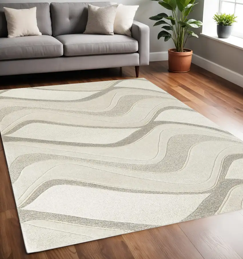 Ivory And Gray Wool Abstract Hand Tufted Area Rug Photo 1