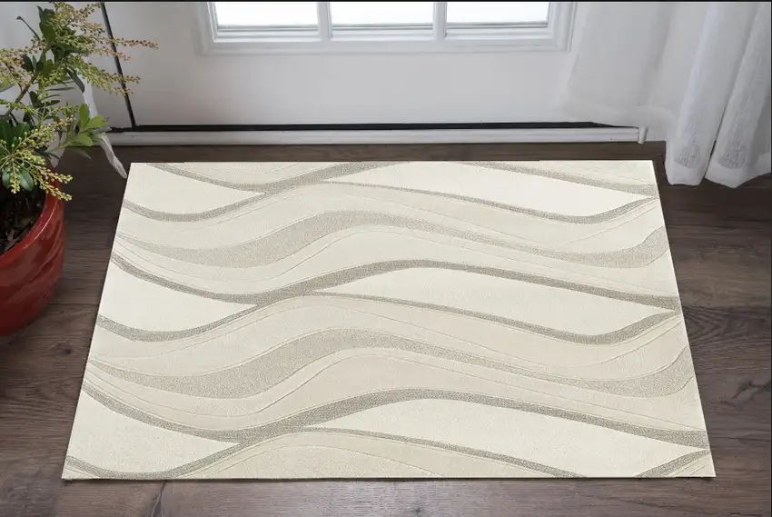 3'X5' Ivory Hand Tufted Abstract Waves Indoor Area Rug Photo 1