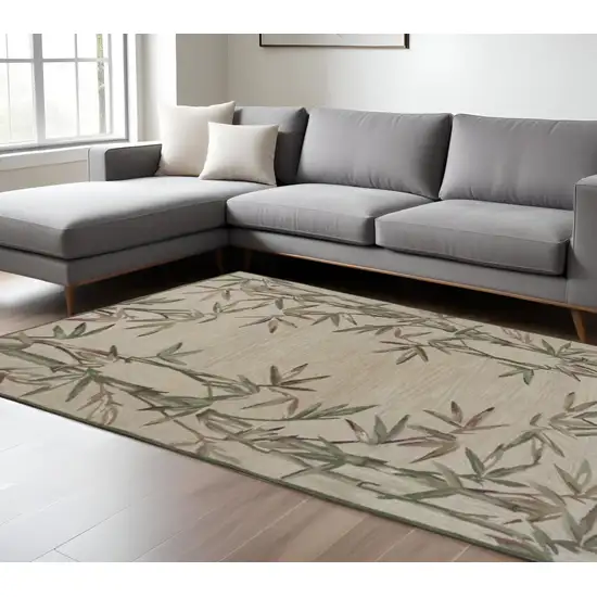 Ivory Green And Brown Wool Botanical Leaves Hand Tufted Area Rug Photo 1