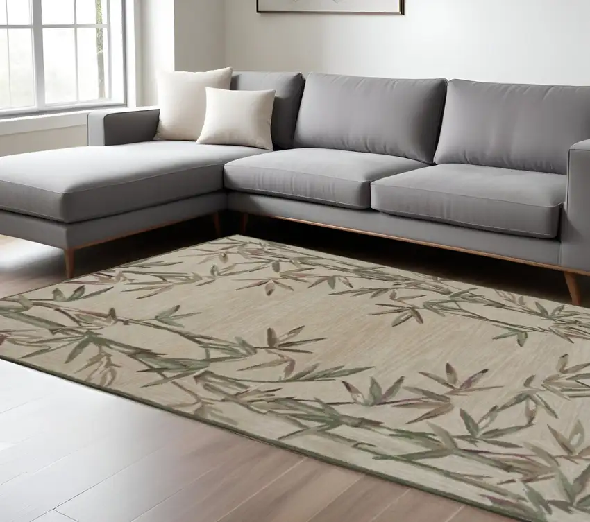 Ivory Green And Brown Wool Botanical Leaves Hand Tufted Area Rug Photo 1
