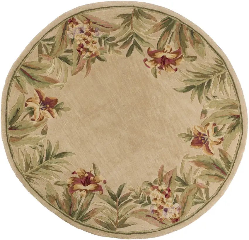 Ivory Hand Tufted Bordered Tropical Flowers Round Indoor Area Rug Photo 2