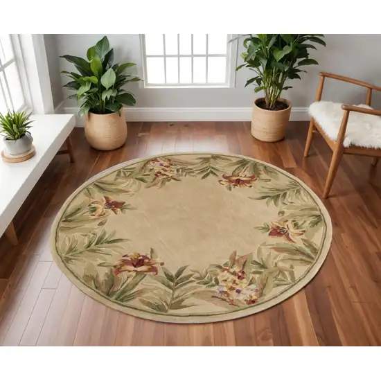 8' Beige Red And Green Wool Tropical Floral Hand Tufted Round Rug Photo 1