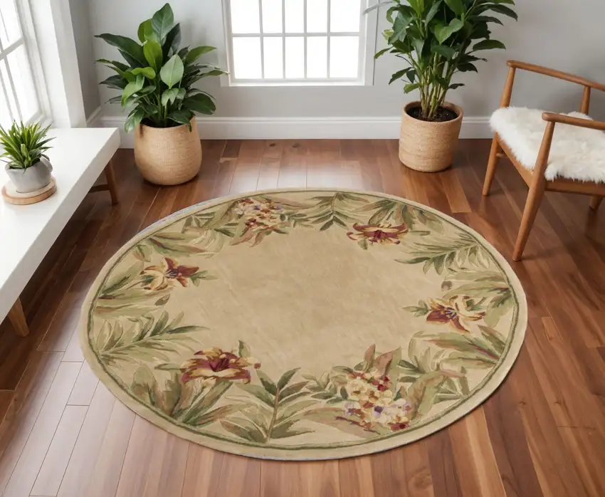 8' Beige Red And Green Wool Tropical Floral Hand Tufted Round Rug Photo 1