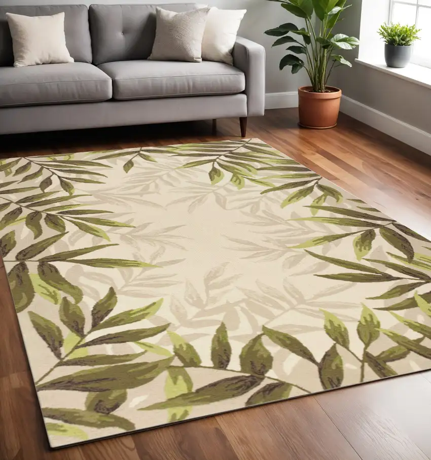 Ivory And Green Wool Botanical Leaves Hand Tufted Area Rug Photo 1