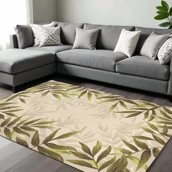 Ivory And Green Wool Botanical Leaves Hand Tufted Area Rug Photo 1