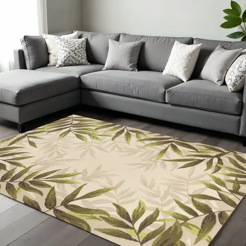 Ivory And Green Wool Botanical Leaves Hand Tufted Area Rug Photo 1