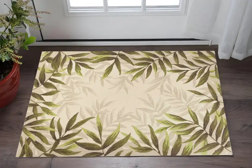 Ivory And Green Wool Botanical Leaves Hand Tufted Area Rug Photo 2